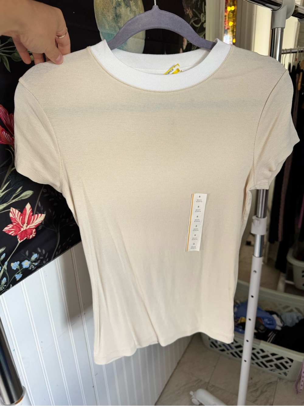 a new day Short-Sleeve Ribbed Tee in Cream with White Collar